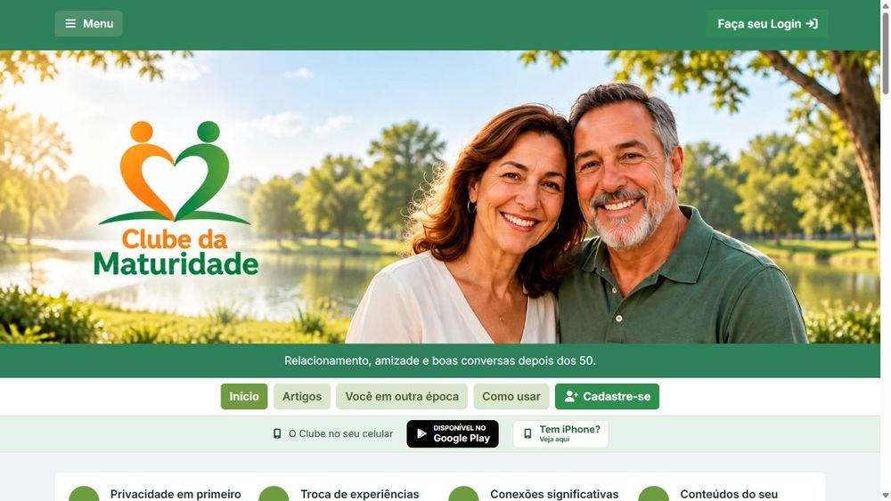 Página de apresentação do Clube da Maturidade, com o casal na abertura e o selo da Google Play